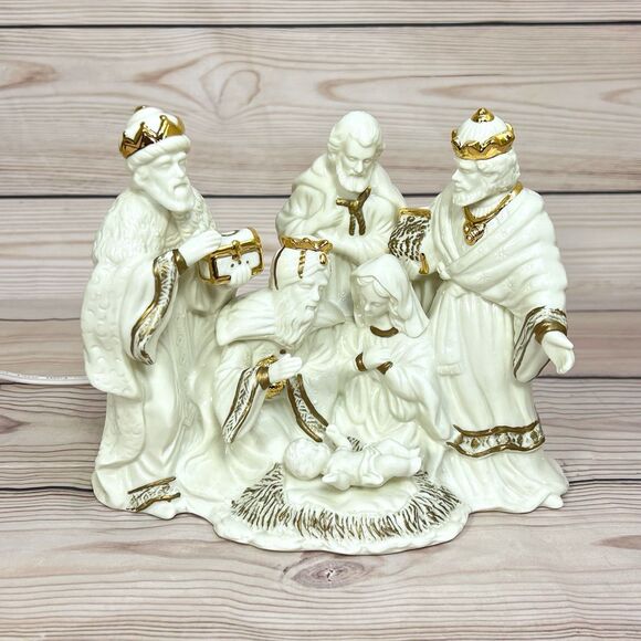 VTG Enesco Porcelain Nativity Scene Light Lamp White/Gold Christmas Holy Family - Picture 12 of 12